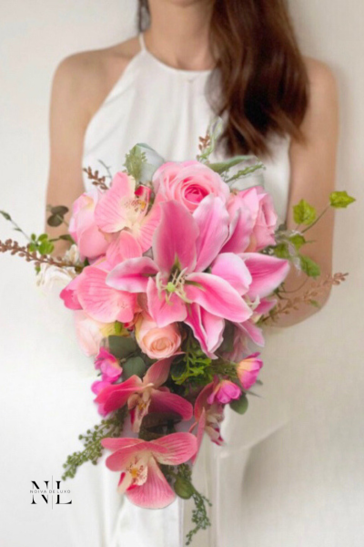 Buquê de Noiva Cascata Flores Artificiais Realista- Mix Pink