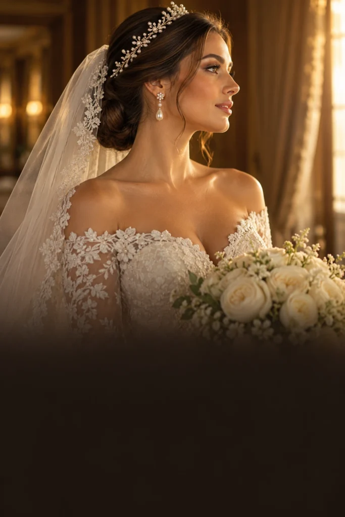 Noiva de perfil com véu, tiara de pérolas e buquê de rosas brancas