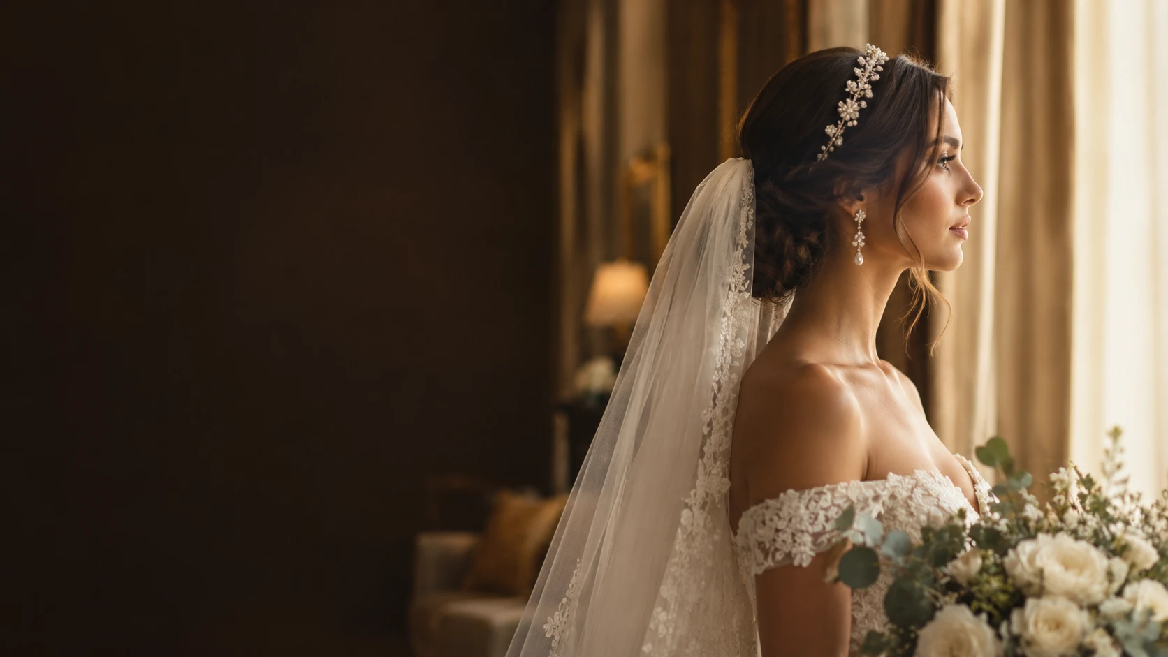 Noiva de perfil com véu de renda e tiara de pérolas em suíte clássica