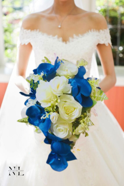 Buquê de Noiva Cascata Orquídea Flores Artificiais Realista- Azul Royal